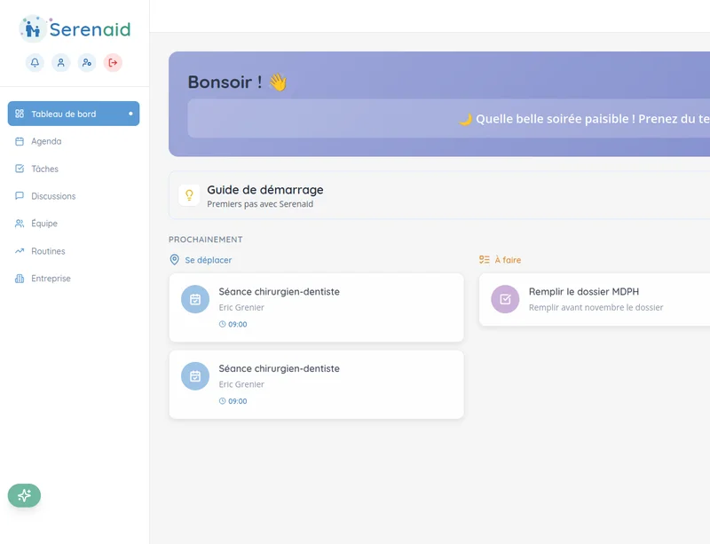 Interface de l'application Serenaid - Tableau de bord