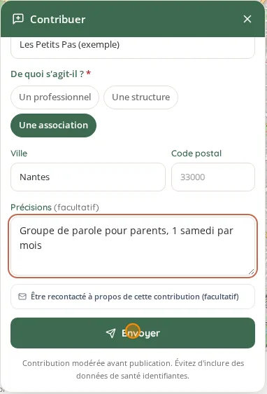 Formulaire « Contribuer » rempli pour une association d'exemple à Nantes : groupe de parole pour parents, un samedi par mois