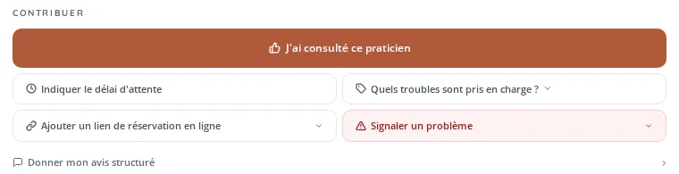 Section « Contribuer » d'une fiche de l'annuaire : boutons « J'ai consulté ce praticien », « Indiquer le délai d'attente », « Quels troubles sont pris en charge ? »