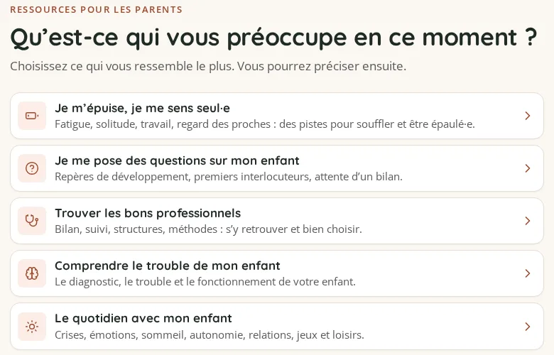 Écran « Qu'est-ce qui vous préoccupe en ce moment ? » : je m'épuise, je me pose des questions sur mon enfant, trouver les bons professionnels…